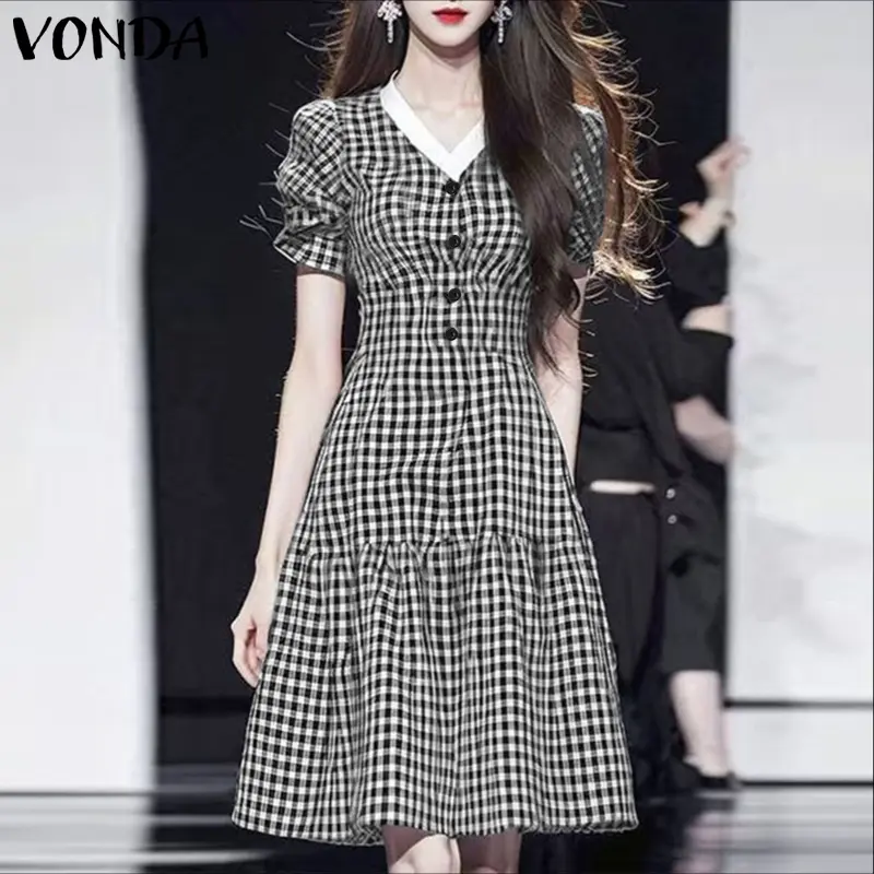 VONDA Bohemian Plaid Dress Women Sexy V-Neck Checked Print Mini Sundress Party Vestidos Waisted Short Sleeve Beach Summer Robe