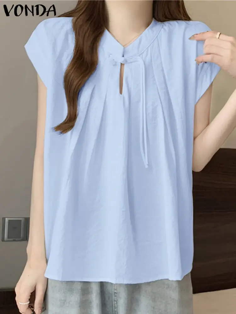 VONDA Fashion Korean Blouse Women Elegant Shirts 2025 Summer Short Sleeve V Neck Tops Office OL Blusas Femininas Bohemian Tunic