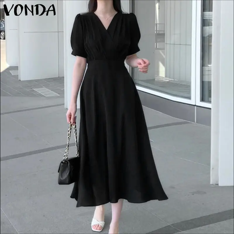 VONDA Women Long Shirt Dress 2025 Summer Party Elegant Midi Sundress Sexy V-Neck Casual Solid Color Short Sleeve Robe Vestidos