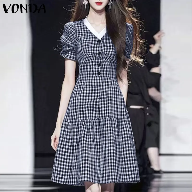 VONDA Bohemian Plaid Dress Women Sexy V-Neck Checked Print Mini Sundress Party Vestidos Waisted Short Sleeve Beach Summer Robe