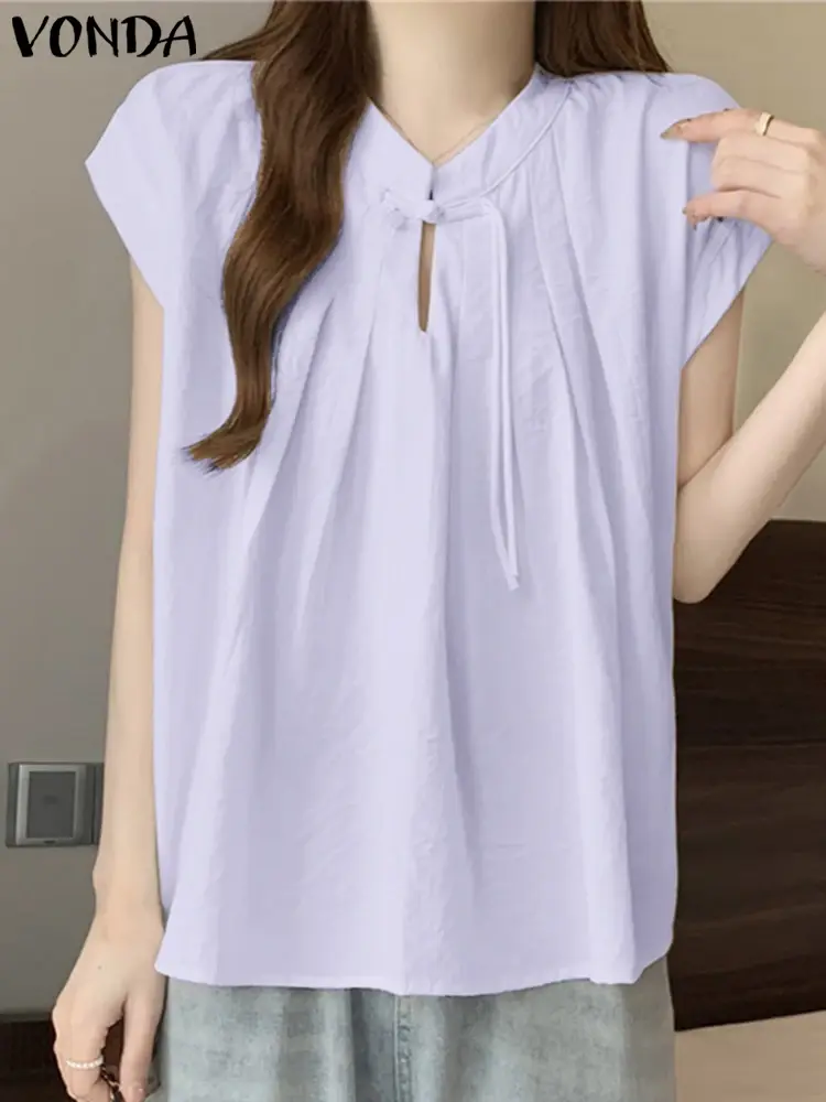 VONDA Fashion Korean Blouse Women Elegant Shirts 2025 Summer Short Sleeve V Neck Tops Office OL Blusas Femininas Bohemian Tunic