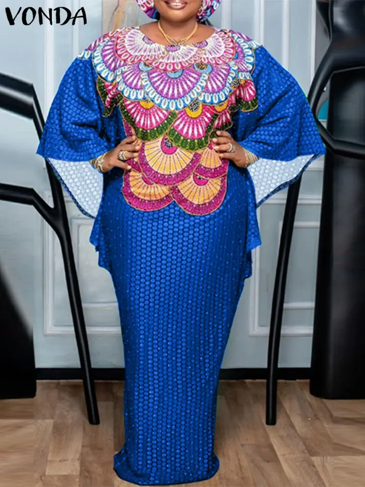 Plus Size VONDA Women Summer Bohemian Dresses 2025 Printed Vestidos Oversize Long Sleeve Causal Loose Maxi Sundress Long Robe