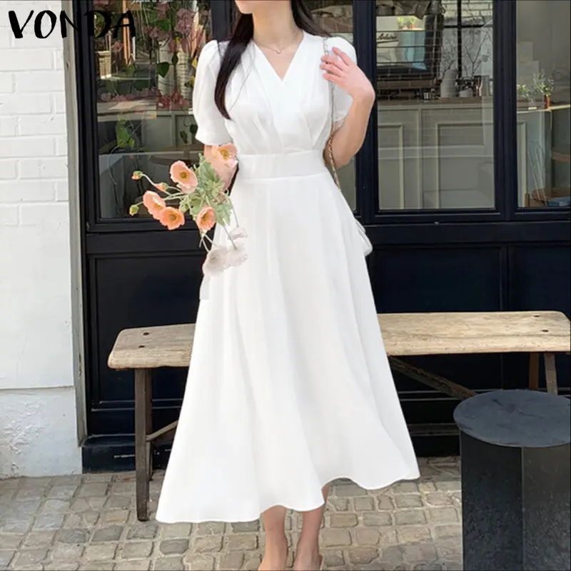 VONDA Women Long Shirt Dress 2025 Summer Party Elegant Midi Sundress Sexy V-Neck Casual Solid Color Short Sleeve Robe Vestidos
