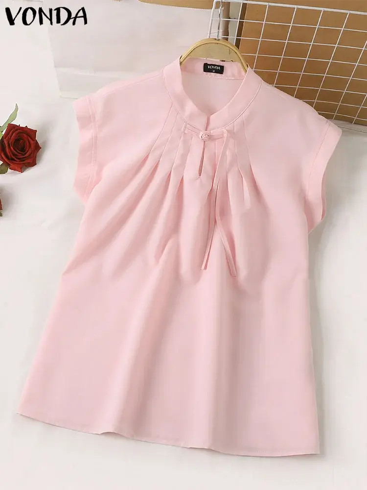 VONDA Fashion Korean Blouse Women Elegant Shirts 2025 Summer Short Sleeve V Neck Tops Office OL Blusas Femininas Bohemian Tunic
