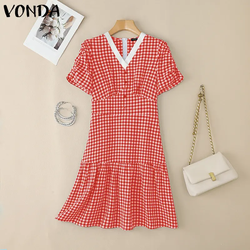 VONDA Bohemian Plaid Dress Women Sexy V-Neck Checked Print Mini Sundress Party Vestidos Waisted Short Sleeve Beach Summer Robe