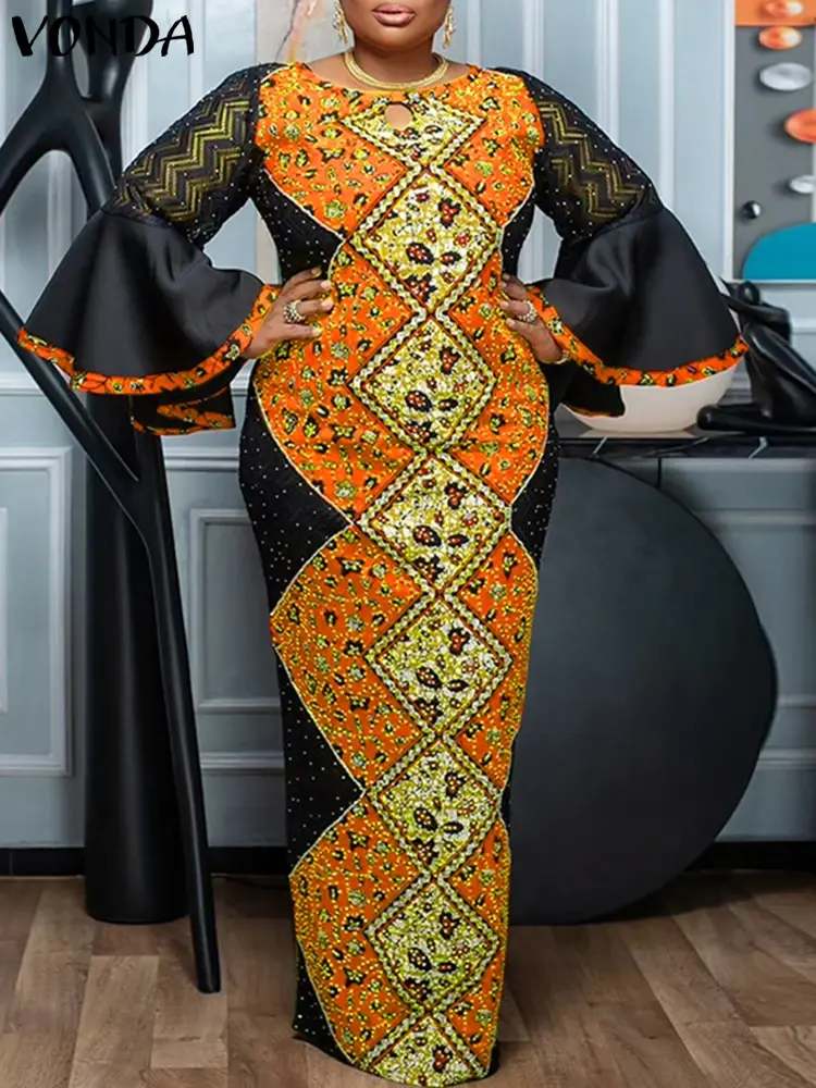 VONDA 2025 Summer Women Maxi Dress Elegant Lace Patchwork Flare Sleeve Printed Vintage Party Sundress Loose Vestido Oversized