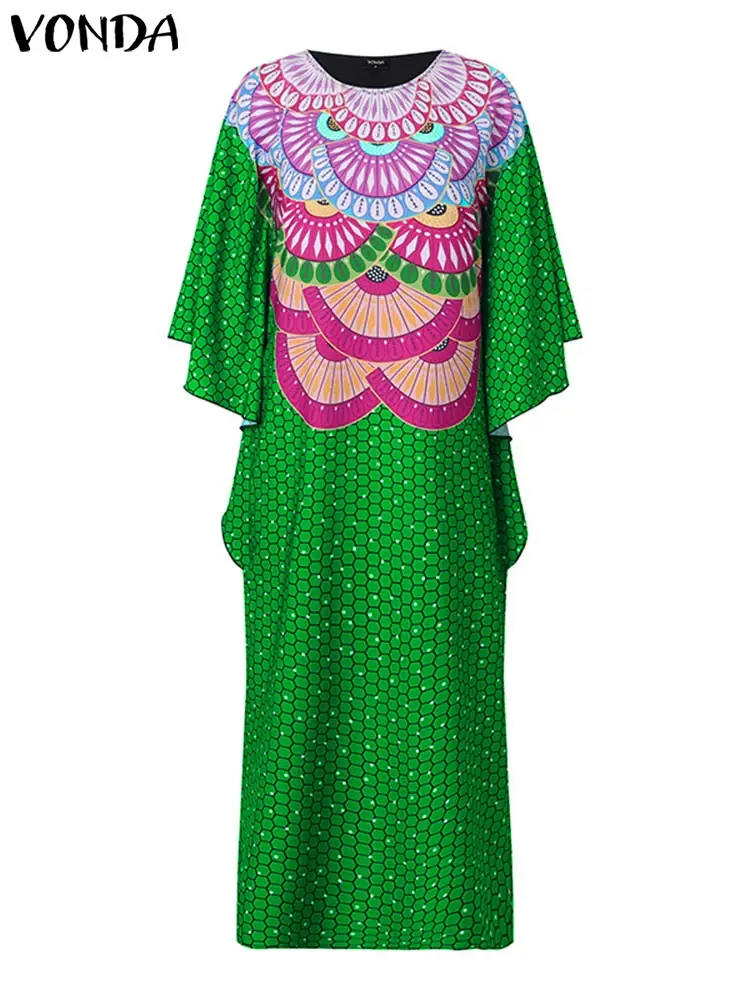 Plus Size VONDA Women Summer Bohemian Dresses 2025 Printed Vestidos Oversize Long Sleeve Causal Loose Maxi Sundress Long Robe