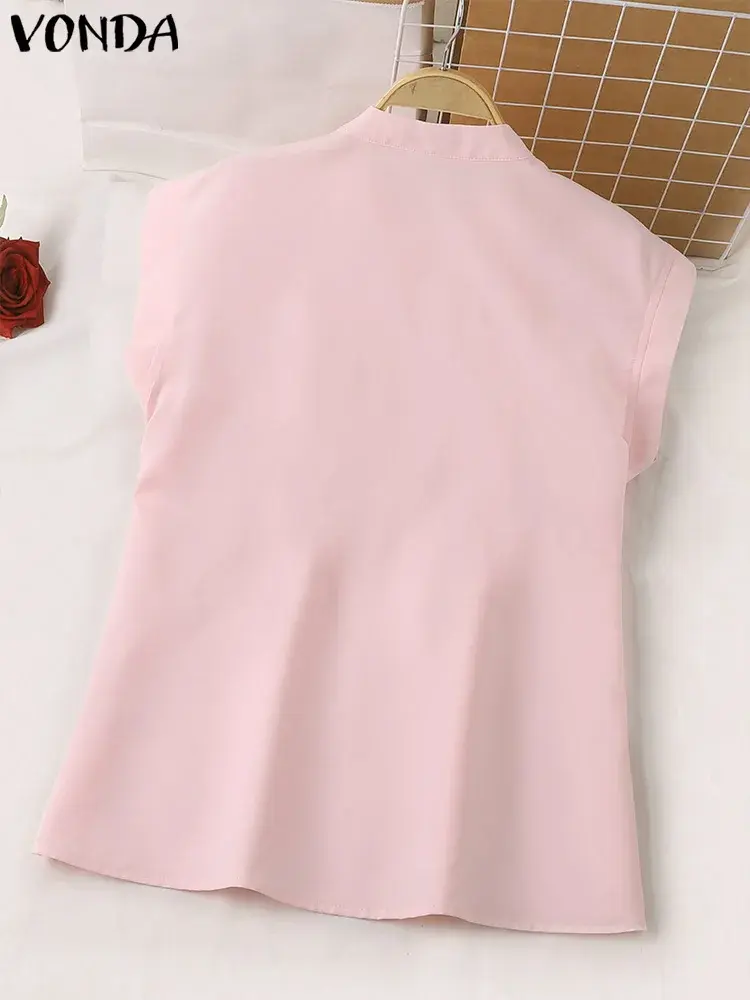 VONDA Fashion Korean Blouse Women Elegant Shirts 2025 Summer Short Sleeve V Neck Tops Office OL Blusas Femininas Bohemian Tunic