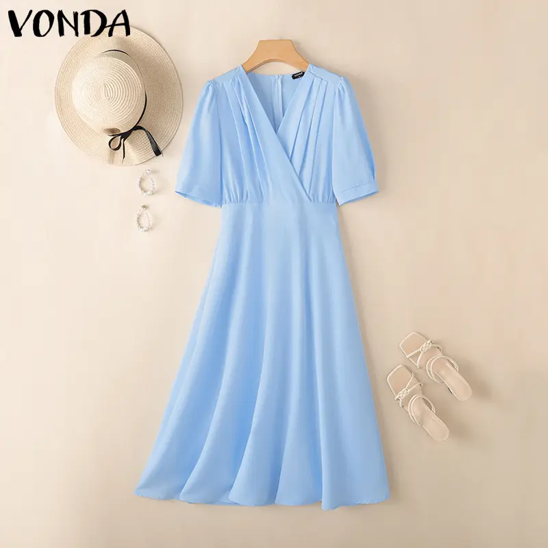VONDA Women Long Shirt Dress 2025 Summer Party Elegant Midi Sundress Sexy V-Neck Casual Solid Color Short Sleeve Robe Vestidos