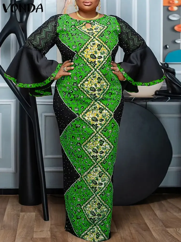 VONDA 2025 Summer Women Maxi Dress Elegant Lace Patchwork Flare Sleeve Printed Vintage Party Sundress Loose Vestido Oversized
