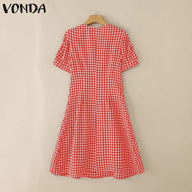 VONDA Bohemian Plaid Dress Women Sexy V-Neck Checked Print Mini Sundress Party Vestidos Waisted Short Sleeve Beach Summer Robe