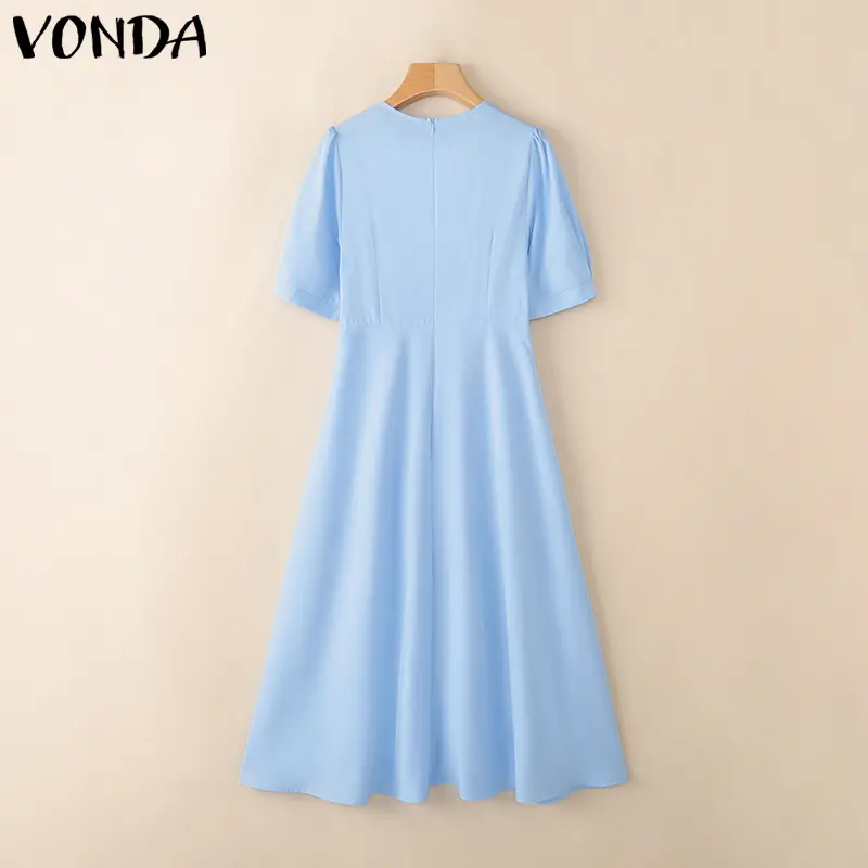 VONDA Women Long Shirt Dress 2025 Summer Party Elegant Midi Sundress Sexy V-Neck Casual Solid Color Short Sleeve Robe Vestidos
