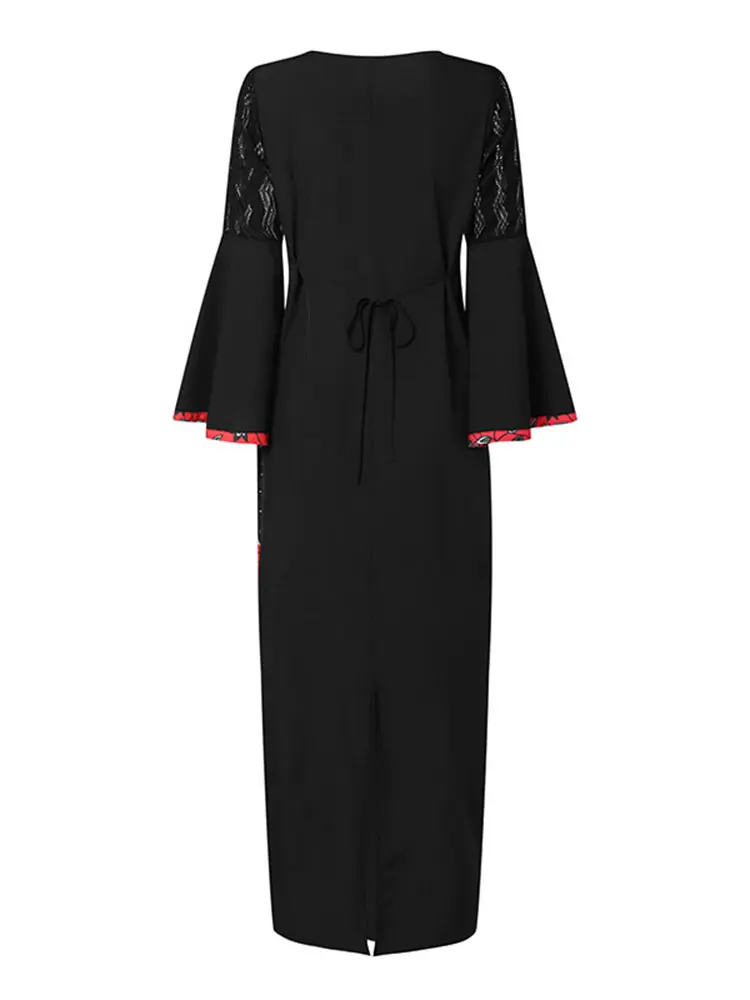 VONDA 2025 Summer Women Maxi Dress Elegant Lace Patchwork Flare Sleeve Printed Vintage Party Sundress Loose Vestido Oversized