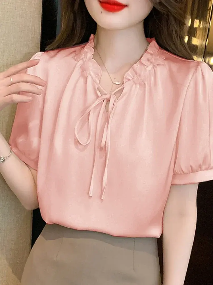 VONDA Women Summer Elegant Blouses 2025 Short Sleeve Ruffled V-Neck Shirts Fashion Casual Solid Color Tunic Tops Loose Blusas