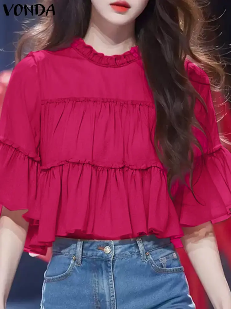 VONDA Women Solid Color Blouse 2025 Casual Flare Sleeve Tops Bohemian Blusas Ruffled Shirts Elegent Female Summer Tunic Oversize