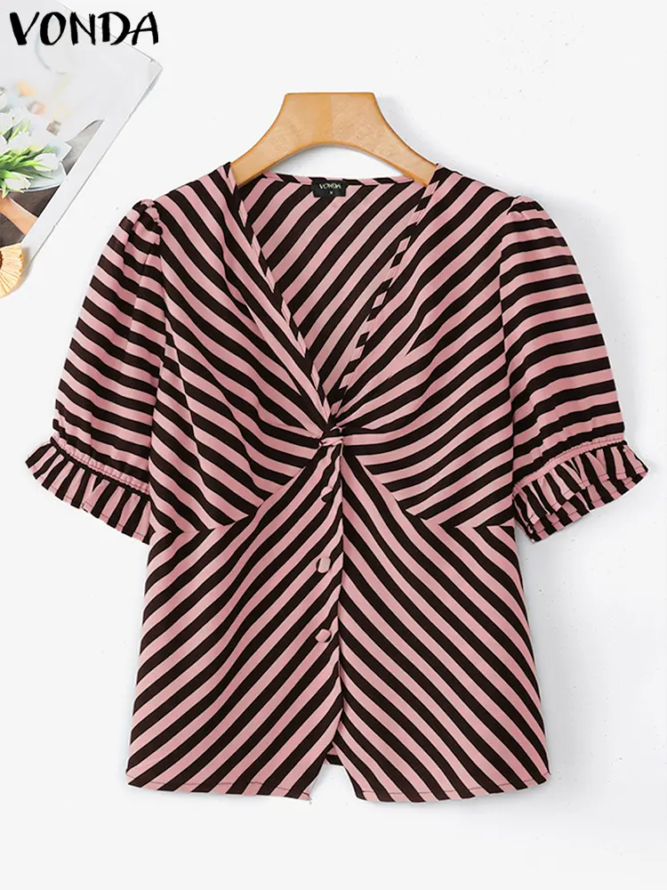 VONDA Summer Tops Women Blouse Striped Tops Fashion V Neck  Irregular Hem Blusas Streetwear Tee Female Tunic Oversize