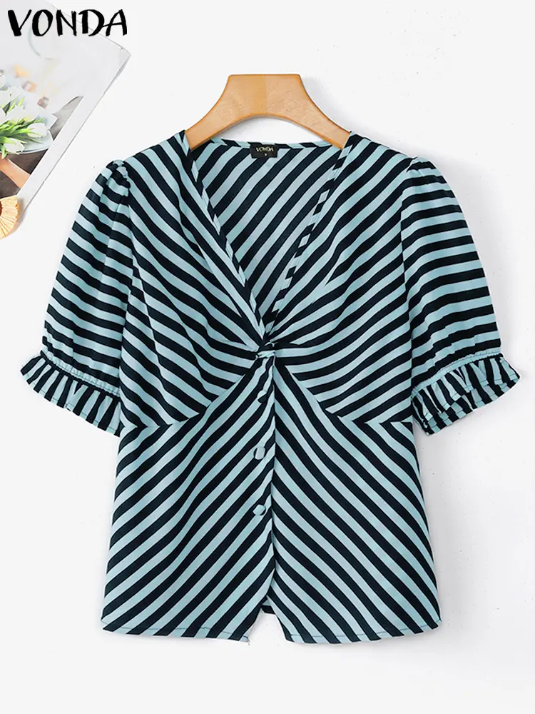 VONDA Summer Tops Women Blouse Striped Tops Fashion V Neck  Irregular Hem Blusas Streetwear Tee Female Tunic Oversize