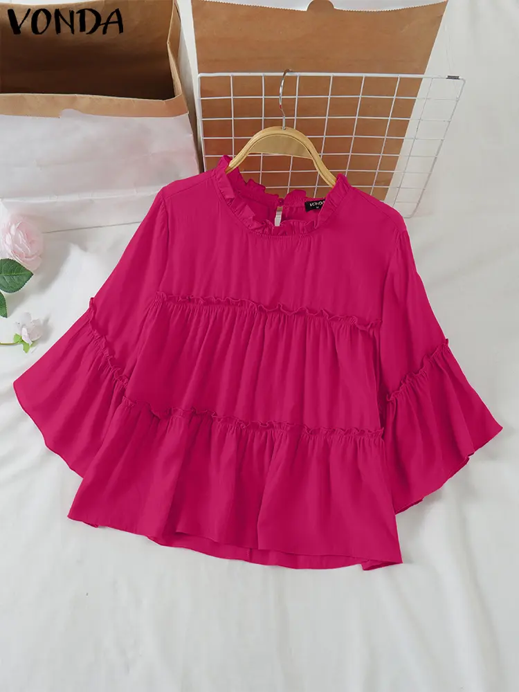 VONDA Women Solid Color Blouse 2025 Casual Flare Sleeve Tops Bohemian Blusas Ruffled Shirts Elegent Female Summer Tunic Oversize