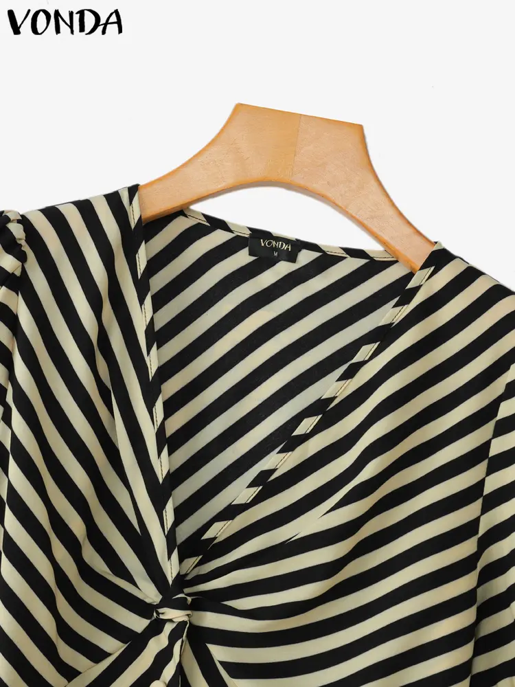 VONDA Summer Tops Women Blouse Striped Tops Fashion V Neck  Irregular Hem Blusas Streetwear Tee Female Tunic Oversize