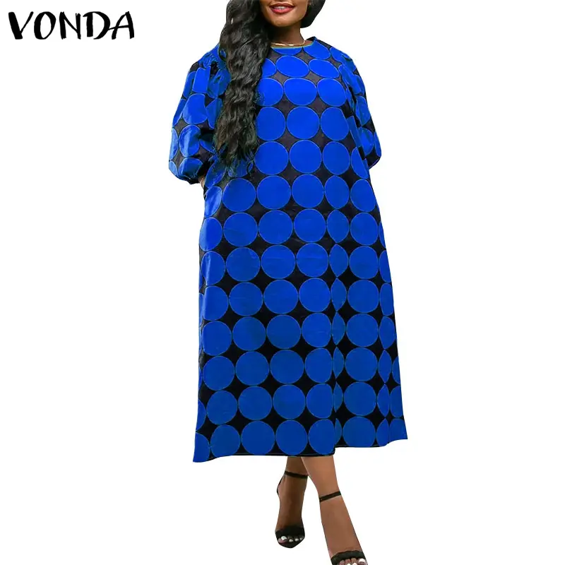 VONDA Elegant Women Party Long Dress 2025 Summer Bohemian Dot Point Printed Sundress Puff Sleeve Loose Casual Robe Holiday Femme