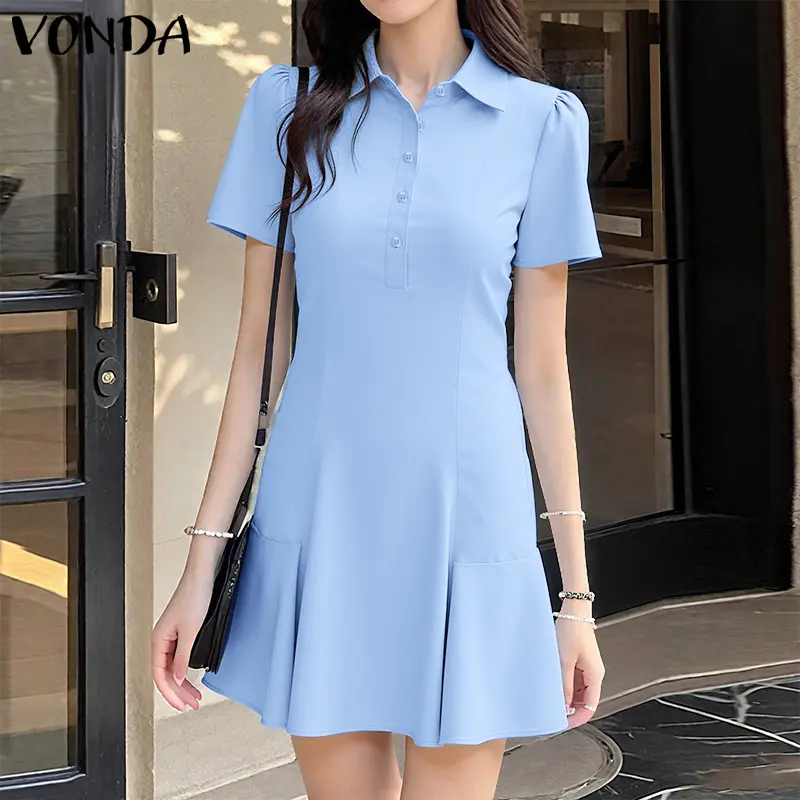 VONDA Women Shirt Dress 2025 Summer Short Sleeve Mini Sundress Fashion Lapel Buttons A-Line Vestidos Casual Solid Color Robe