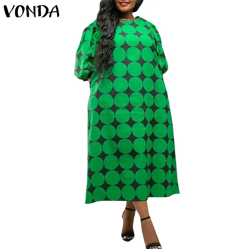 VONDA Elegant Women Party Long Dress 2025 Summer Bohemian Dot Point Printed Sundress Puff Sleeve Loose Casual Robe Holiday Femme