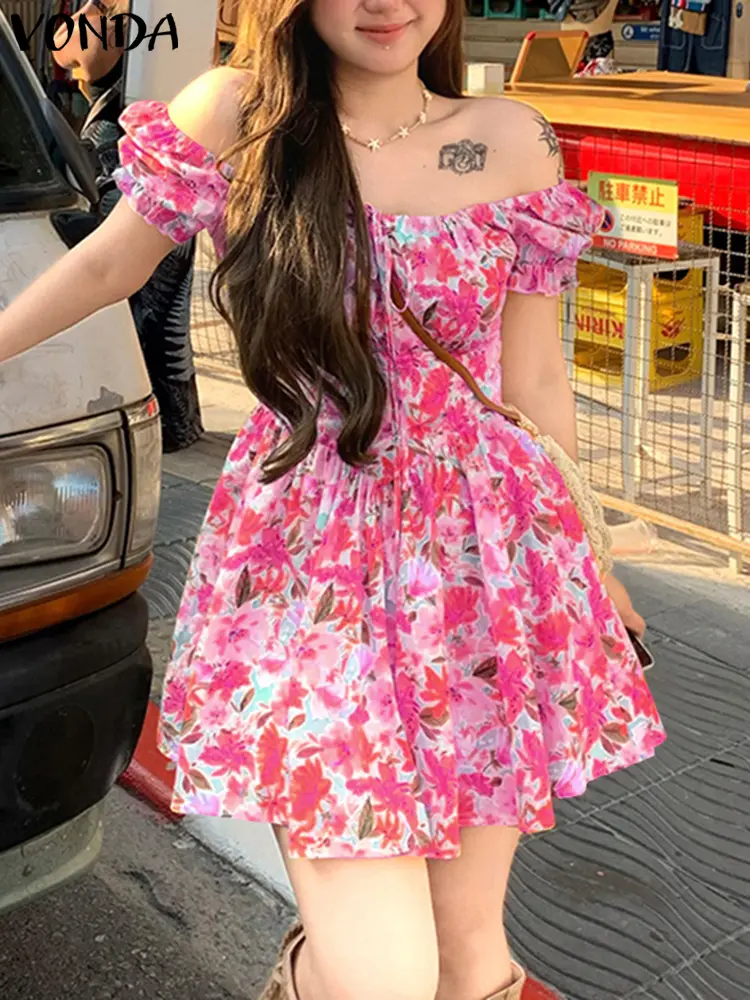 VONDA Summer Dress Fashion Floral Print Sundress Casual Short Sleeve Vestidos Mini Dresses Streetwear Women's Clothing Oversize