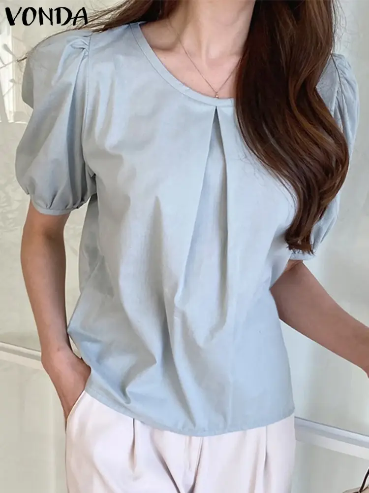 VONDA Women Elegant Tops 2025 Summer Blouse Casual Tunic Fashion Short Puff Sleeve Solid Color Shirts Loose Blusas Femininas