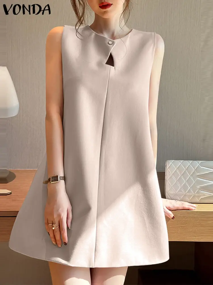 VONDA 2025 Summer Women Sexy Mini Dress Sleeveless Sundress Solid Color Robe Femme Casual Loose Sexy Hollow Out Party Vestidos