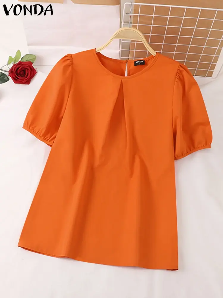 VONDA Women Elegant Tops 2025 Summer Blouse Casual Tunic Fashion Short Puff Sleeve Solid Color Shirts Loose Blusas Femininas