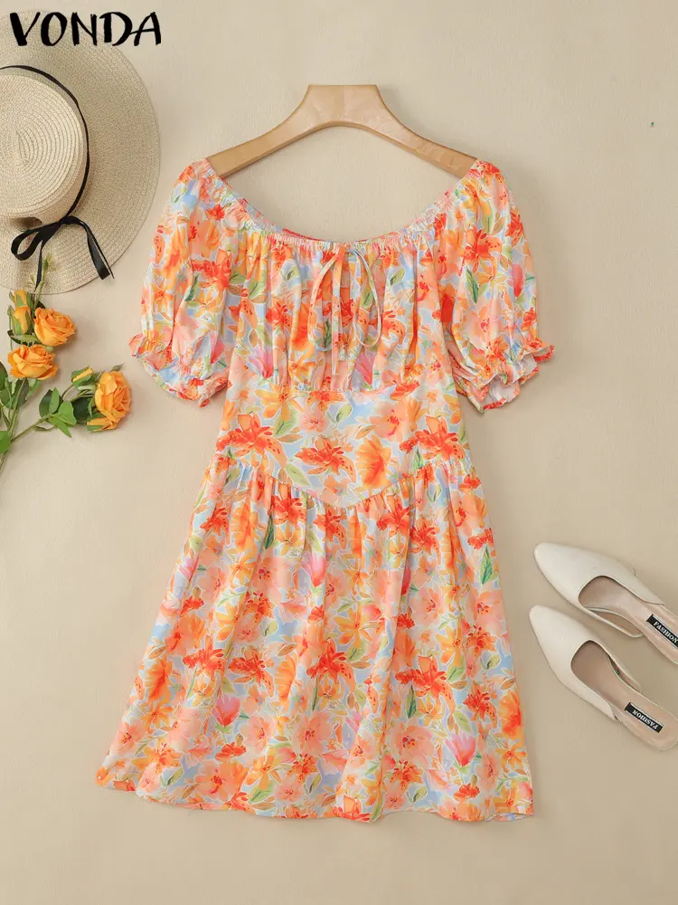 VONDA Summer Dress Fashion Floral Print Sundress Casual Short Sleeve Vestidos Mini Dresses Streetwear Women's Clothing Oversize
