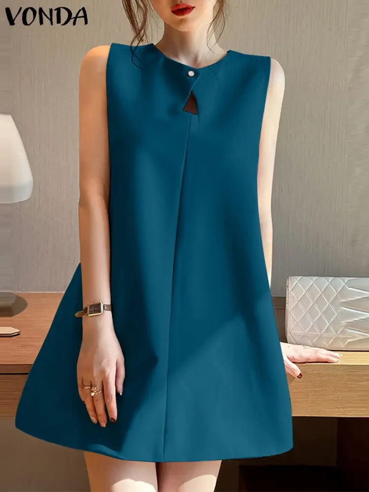 VONDA 2025 Summer Women Sexy Mini Dress Sleeveless Sundress Solid Color Robe Femme Casual Loose Sexy Hollow Out Party Vestidos