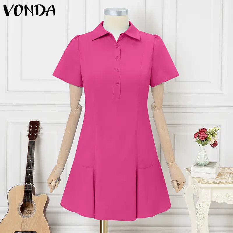VONDA Women Shirt Dress 2025 Summer Short Sleeve Mini Sundress Fashion Lapel Buttons A-Line Vestidos Casual Solid Color Robe