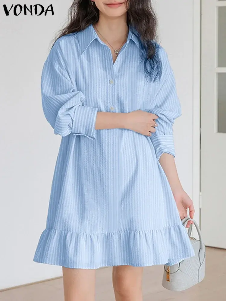 VONDA Women Summer Striped Shirt Dress 2025 Lantern Sleeve Ruffle Sundress Casual Loose Korean Office Knee-length Vestidos