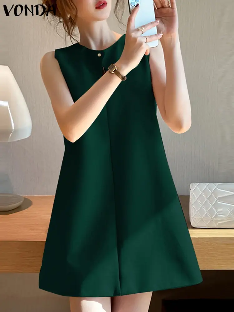 VONDA 2025 Summer Women Sexy Mini Dress Sleeveless Sundress Solid Color Robe Femme Casual Loose Sexy Hollow Out Party Vestidos