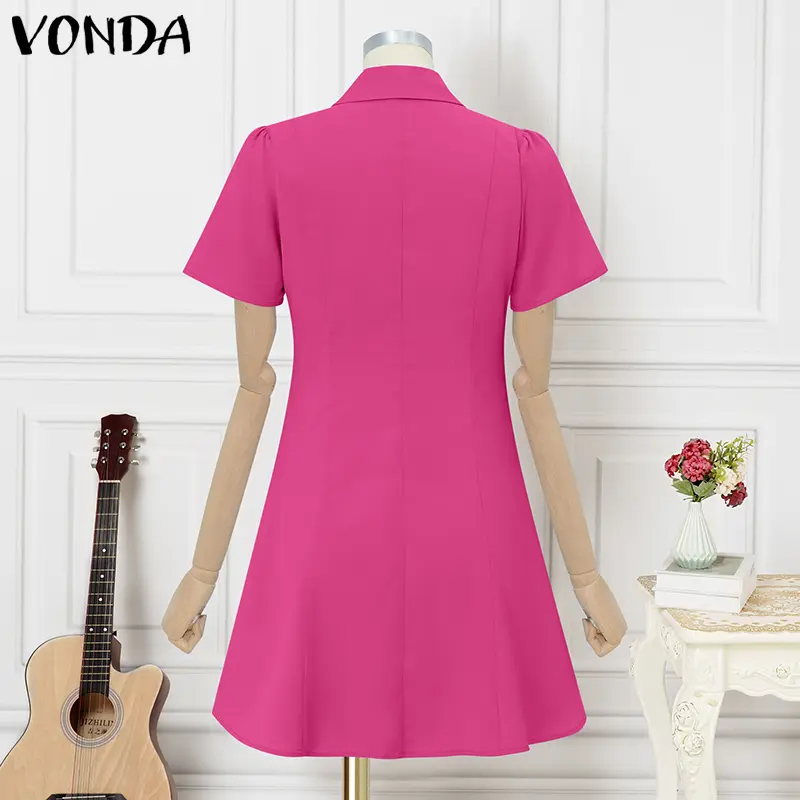 VONDA Women Shirt Dress 2025 Summer Short Sleeve Mini Sundress Fashion Lapel Buttons A-Line Vestidos Casual Solid Color Robe