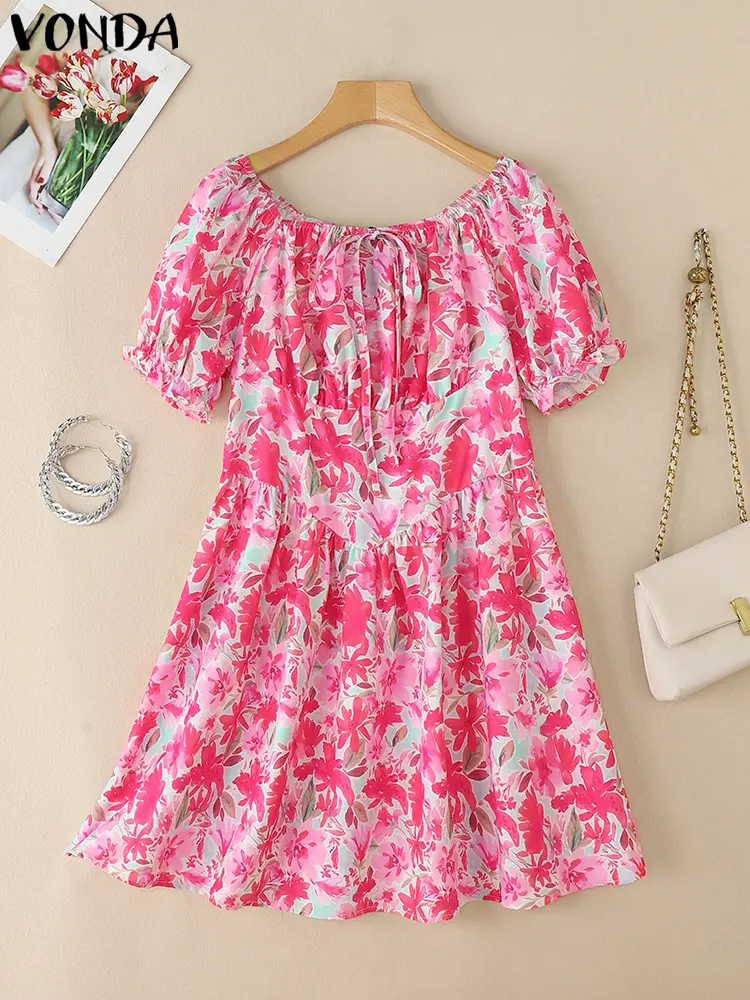 VONDA Summer Dress Fashion Floral Print Sundress Casual Short Sleeve Vestidos Mini Dresses Streetwear Women's Clothing Oversize