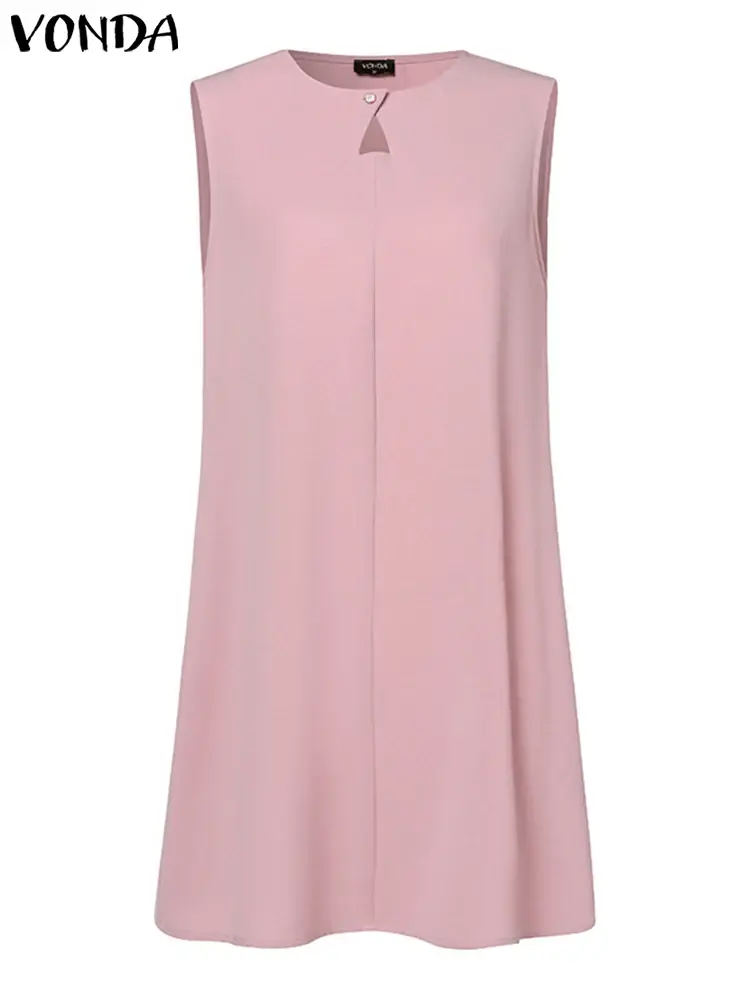 VONDA 2025 Summer Women Sexy Mini Dress Sleeveless Sundress Solid Color Robe Femme Casual Loose Sexy Hollow Out Party Vestidos