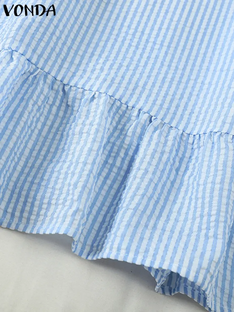 VONDA Women Summer Striped Shirt Dress 2025 Lantern Sleeve Ruffle Sundress Casual Loose Korean Office Knee-length Vestidos