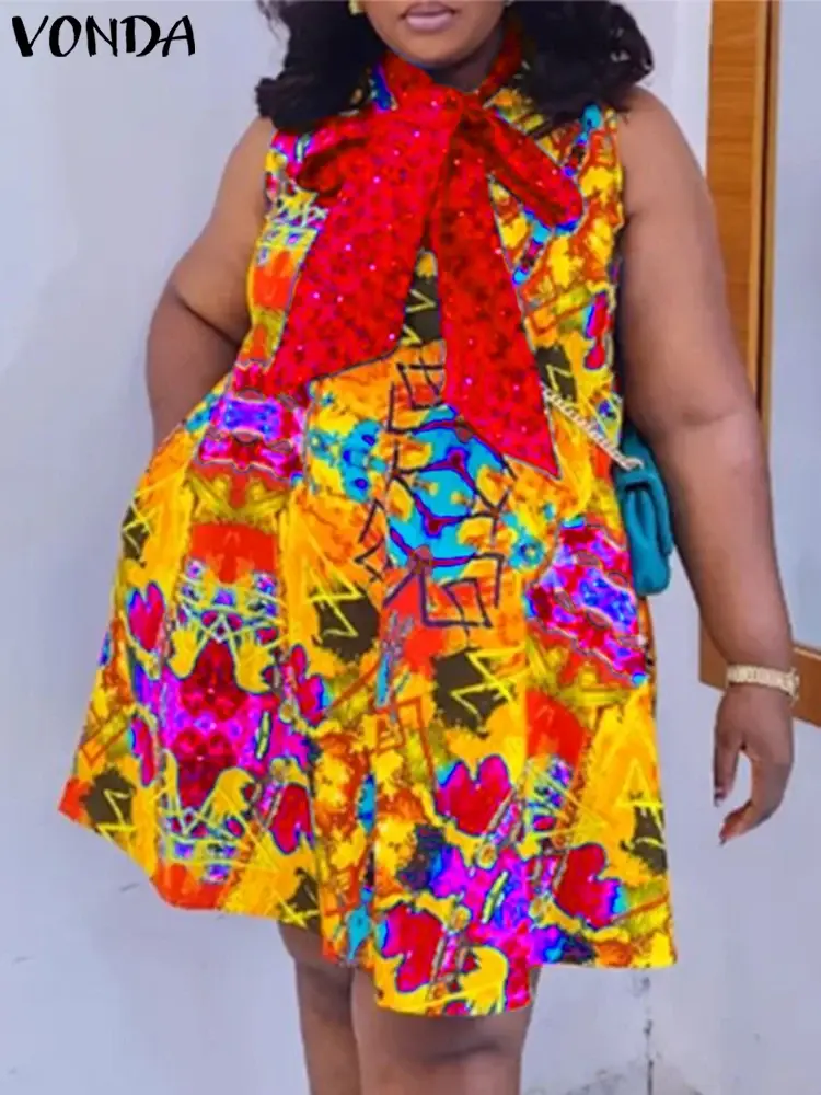 VONDA 2025 Women Summer Mini Dress Bohemian Printed Sundress Elegant Bow Tie Neck Casual Sleeveless Loose Beach Vestido Oversize