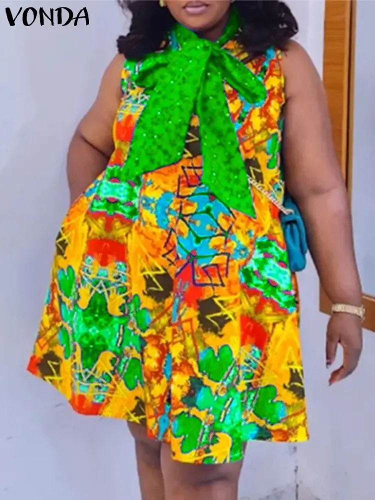 VONDA 2025 Women Summer Mini Dress Bohemian Printed Sundress Elegant Bow Tie Neck Casual Sleeveless Loose Beach Vestido Oversize