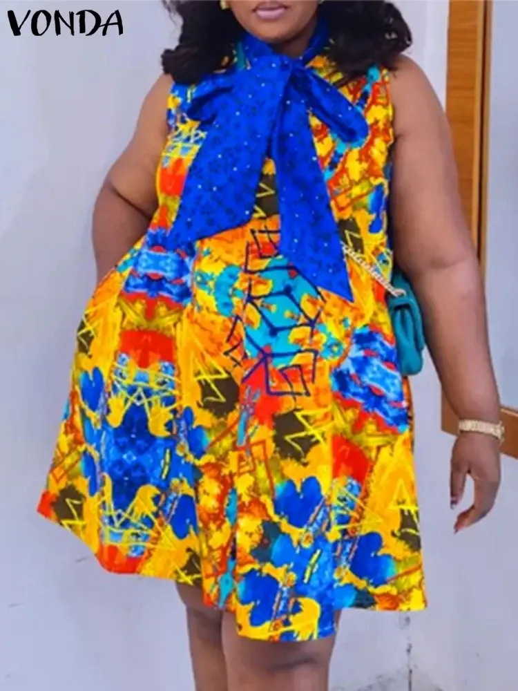 VONDA 2025 Women Summer Mini Dress Bohemian Printed Sundress Elegant Bow Tie Neck Casual Sleeveless Loose Beach Vestido Oversize