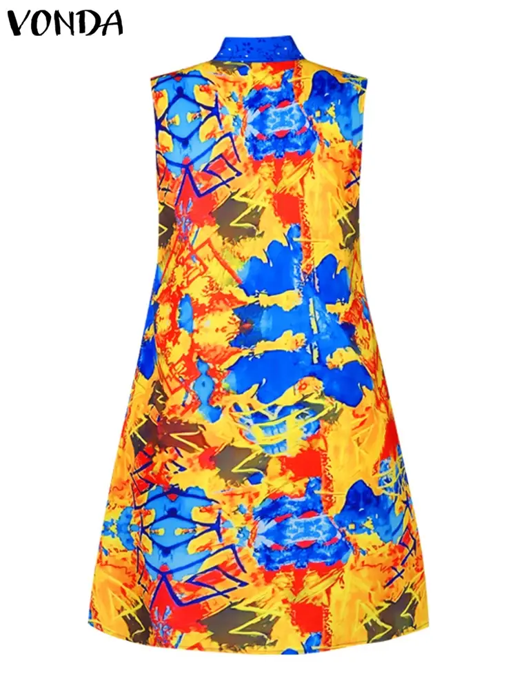 VONDA 2025 Women Summer Mini Dress Bohemian Printed Sundress Elegant Bow Tie Neck Casual Sleeveless Loose Beach Vestido Oversize