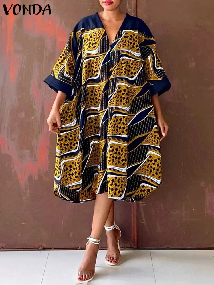 VONDA 2025 Summer Dress Women Bohemian Neck Sundress Casual Printed Midi Vestidos 3/4 Sleeve Loose Beach Robe Femme