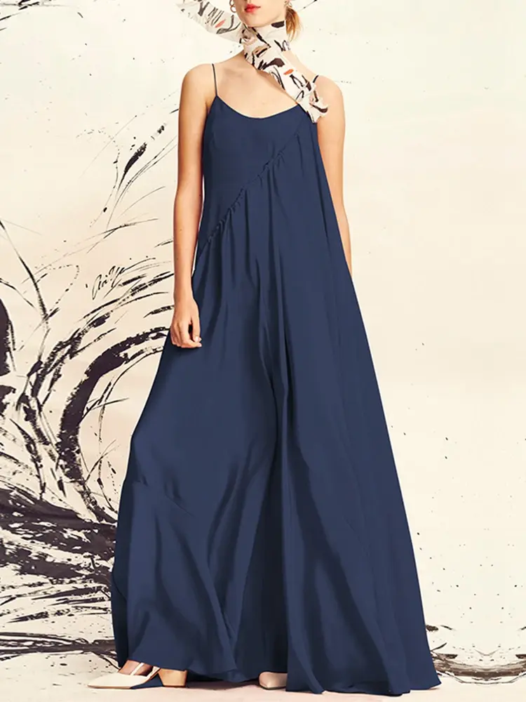 VONDA Women Summer Long Dress 2025 Sexy Spaghetti Strap Sleeveless Maxi Dress Casual V Neck Loose Beach Vestido Bohemian Robe