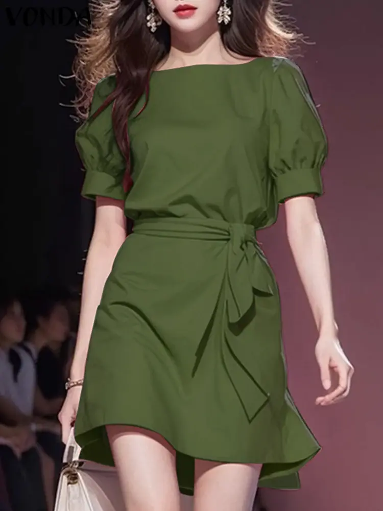 VONDA 2025 Summer Sexy Mini Dress Elegant Women Fashion Casual Loose Solid Color Sundress Short Puff Sleeve Party Vestidos Belt