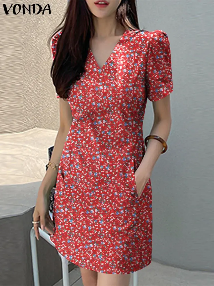 VONDA Bohemian Dresses Woman Floral Printed Mini Sundress 2025 Short Sleeve Summer Casual Loose Vestidos V-Neck Beach Robe Femme