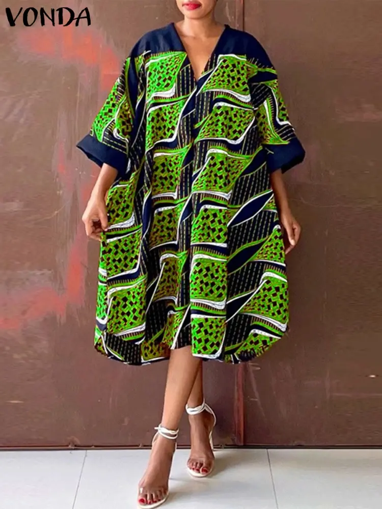 VONDA 2025 Summer Dress Women Bohemian Neck Sundress Casual Printed Midi Vestidos 3/4 Sleeve Loose Beach Robe Femme