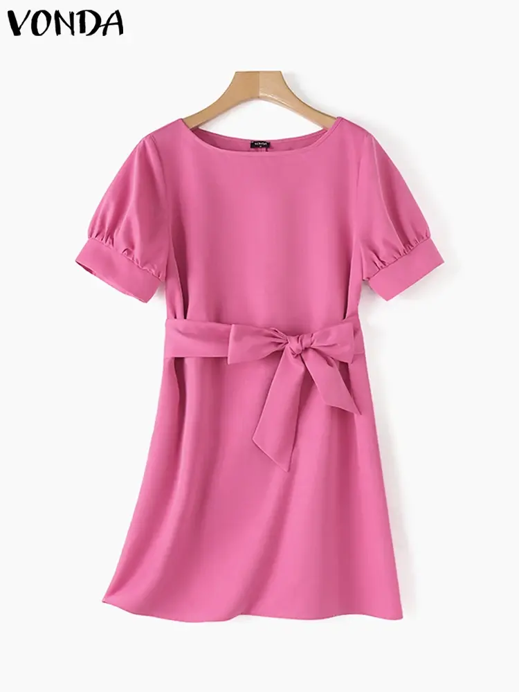VONDA 2025 Summer Sexy Mini Dress Elegant Women Fashion Casual Loose Solid Color Sundress Short Puff Sleeve Party Vestidos Belt