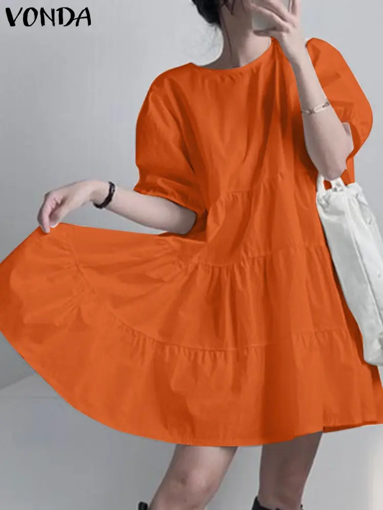 VONDA 2025 Summer Fashion Short Sleeve Dress Women Mini Sundress Elegant Round Neck Ruffled Solid Color Party Vestido Robe Femme